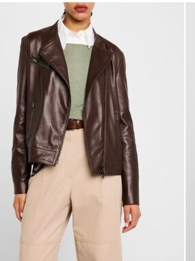 Brunello Cucinelli Smooth Glove Leather Biker Jacket With Monili Zip Pocket